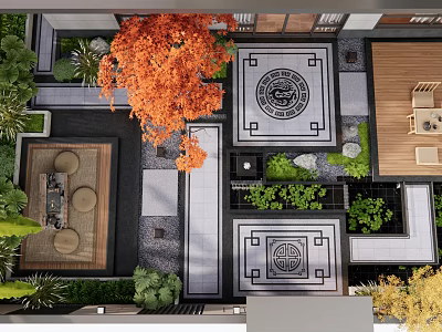 Traditional Chinese Courtyard Garden With Geometric Stone Patterns Colorful Trees And Symmetrical Layout 3d model