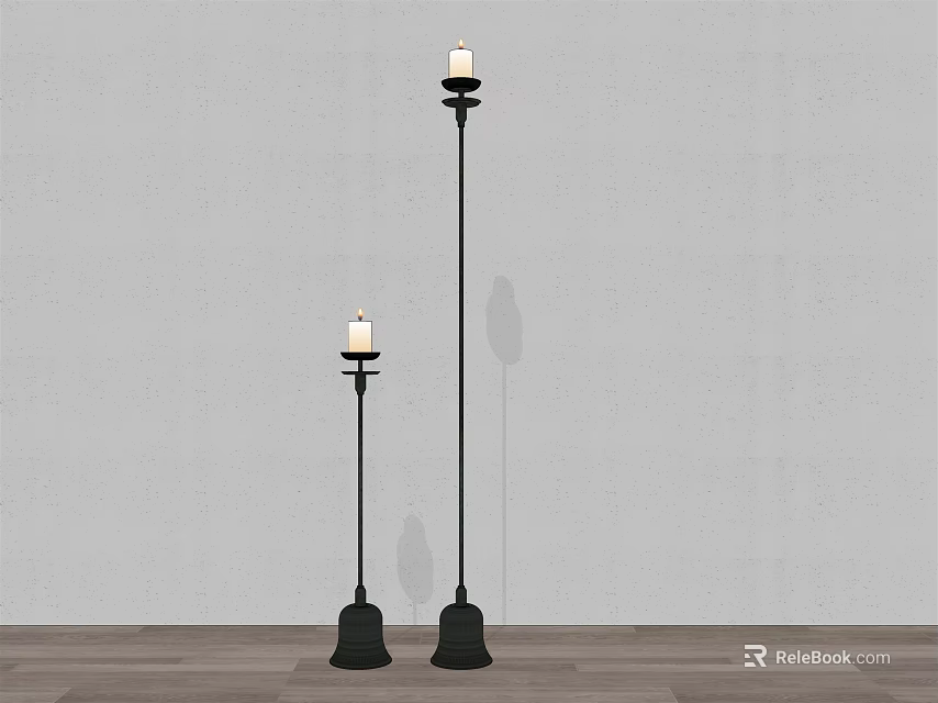 Two Black Candle Floor Lamps On Wooden Floor With Grey Wall Shadows 3d model 