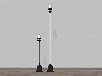 Two Black Candle Floor Lamps On Wooden Floor With Grey Wall Shadows 3d model