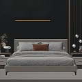 Modern Double Bed with Beige Headboard Brown Pillows and Nightstand Lamps in City View Bedroom