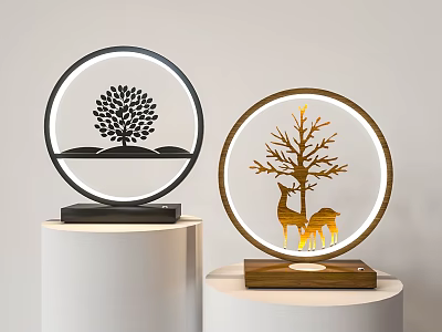 Modern Round Table Lamps With Tree Pattern Deer Motif Wooden Black Base Warm Light 3d model