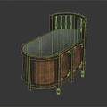 Vintage Wooden Crib With Curved Railings And Green Padded Interior Design