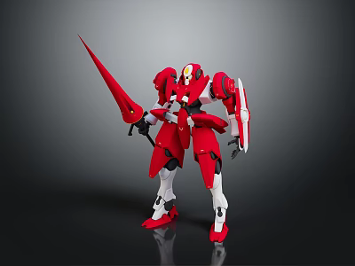 Red Mech Warrior Character With White Accents Holding Red Sword In Standing Pose 3d model