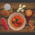 Food Assortment in Wooden Tray With Hamburger French Fries Soda Banana Cake Strawberry and Tomato