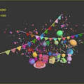 Delicious Birthday Cake at Joyful Party with Colorful Balloons Streamers and Gift Boxes