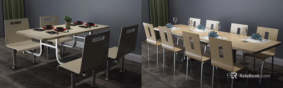 Stylish Modern Dining Table Set With Chairs Wine Glasses Plates And Green Curtain 3d model 