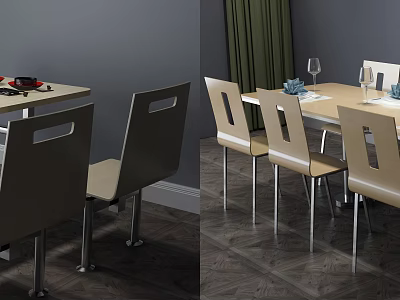 Stylish Modern Dining Table Set With Chairs Wine Glasses Plates And Green Curtain 3d model