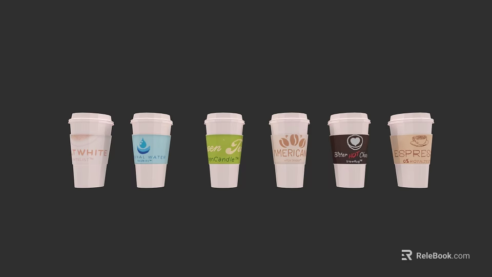 White Paper Cups With Various Beverage Logos Including Coffee And Cappuccino 3d model 