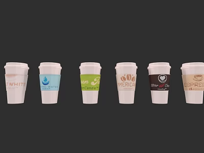 White Paper Cups With Various Beverage Logos Including Coffee And Cappuccino 3d model
