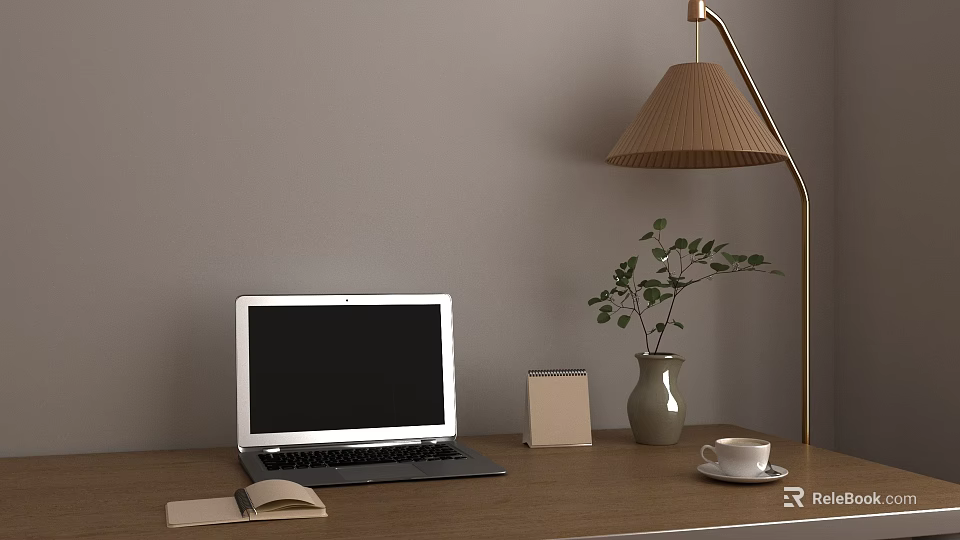 Cozy Home Office With Laptop Open Book Calendar Potted Plant Coffee Cup And Floor Lamp 3d model 