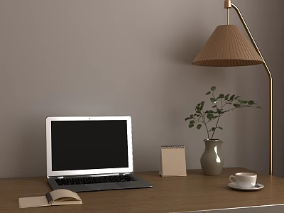 Cozy Home Office With Laptop Open Book Calendar Potted Plant Coffee Cup And Floor Lamp 3d model