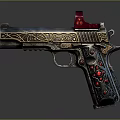 Ornate Silver And Gold Pistol With Intricate Carvings Red Sight And Red Gems On Grip