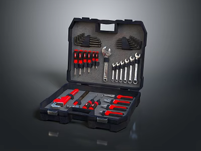 Open Black Household Tool Kit With Red Handle Tools And Wrenches Screwdrivers Pliers 3d model