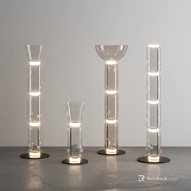 Modern Transparent Floor Lamps in Various Shapes with Lighted Rings and Black Bases 3d model 