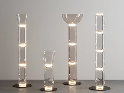 Modern Transparent Floor Lamps in Various Shapes with Lighted Rings and Black Bases 3d model