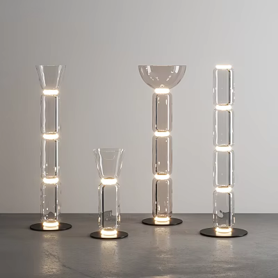 Modern Transparent Floor Lamps in Various Shapes with Lighted Rings and Black Bases 3d model