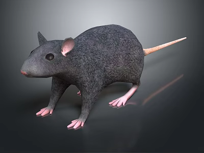 Realistic 3D Gray Rat Model With Pink Paws And Tail On Dark Background 3d model