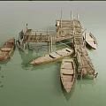 Rustic Wooden Dock With Moored Boats And Drying Clothes On Water 3d model