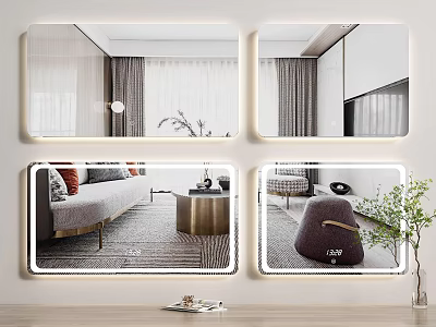 Modern Illuminated Decorative Mirror Home Interior Design With Sofa And Green Plants 3d model