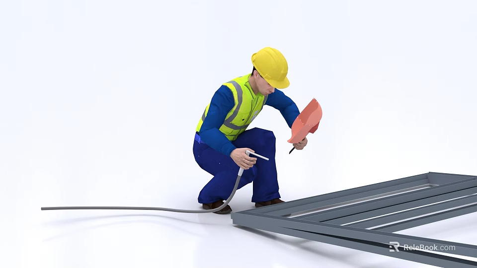 Man in Yellow Hard Hat and Safety Vest Crouching to Measure Metal Frame with Tools 3d model 