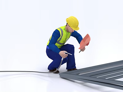 Man in Yellow Hard Hat and Safety Vest Crouching to Measure Metal Frame with Tools 3d model
