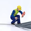 Man in Yellow Hard Hat and Safety Vest Crouching to Measure Metal Frame with Tools