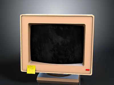 Vintage Beige Computer Monitor With Black Screen Yellow Sticky Note And Red Button 3d model