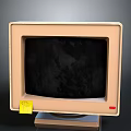 Vintage Beige Computer Monitor With Black Screen Yellow Sticky Note And Red Button