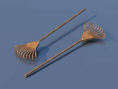Wooden Household Rakes With Fan Shaped Heads And Long Handles 3d model