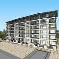 Modern Multi Story Apartment Building With Waterfront Stone Courtyard Large Glass Windows And Trees