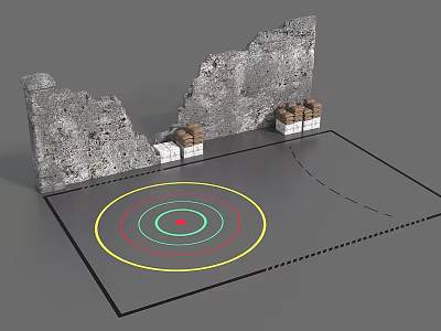 Training Setup With Stone Walls Stacked Boxes And Target Circle On Floor 3d model