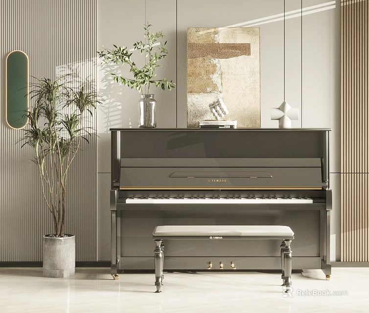 Elegant Home Interior with Piano Musical Instrument Art Paintings Green Plants Bench and Mirror 3d model 
