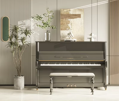 Elegant Home Interior with Piano Musical Instrument Art Paintings Green Plants Bench and Mirror 3d model
