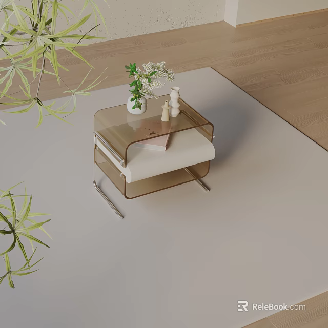 Modern Acrylic Side Table With Metal Frame And Green Plant On Carpet 3d model 
