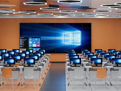 School Modern Computer Classroom With Multiple Computers Large Screen And Student Desks 3d model