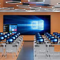 School Modern Computer Classroom With Multiple Computers Large Screen And Student Desks 3d model