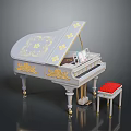 Elegant Ornate Piano With Golden Painted Artwork Red Stool And Small Photo Frame