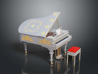 Elegant Ornate Piano With Golden Painted Artwork Red Stool And Small Photo Frame 3d model