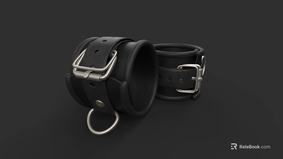Black Leather Handcuffs With Metal Buckles And Ring Design Details 3d model 
