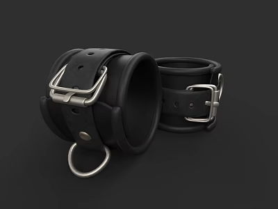 Black Leather Handcuffs With Metal Buckles And Ring Design Details 3d model