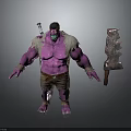 Purple Skinned Muscular Creature Character With Mask Shoulder Device And Large Axe Weapon