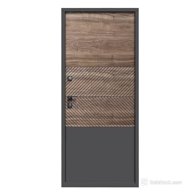 Modern Wooden Swing Door Design With Natural Wood Grain Gray Frame And Secure Lock Handle 3d model 