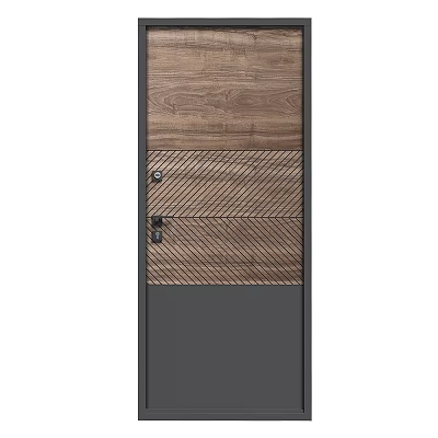 Modern Wooden Swing Door Design With Natural Wood Grain Gray Frame And Secure Lock Handle 3d model