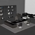 Modern Office Desk and Chairs with Black Bookshelf Gray Walls and Window Blinds