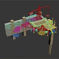 Ancient Architectural Scene Component With Stone Wall Wooden Stairs Crane Tiled Roof And Hanging Vessels
