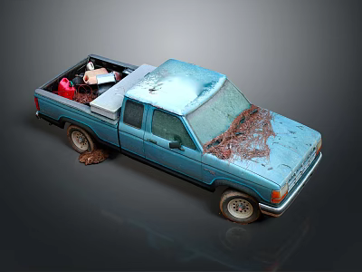 Old Blue Pickup Truck With Rusty Body And Red Bucket White Package In Bed 3d model