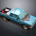 Old Blue Pickup Truck With Rusty Body And Red Bucket White Package In Bed