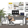 Modern Home Office Desk Setup With Lamp Computer Pegboard Clock Green Plant And Office Chair