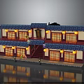 Chinese Traditional Two Story Building With Blue Roof Red Walls And Yellow Lanterns