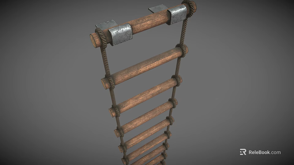 Wooden Rope Ladder Featuring Wooden Steps Metal Brackets and Rope Fastenings 3d model 